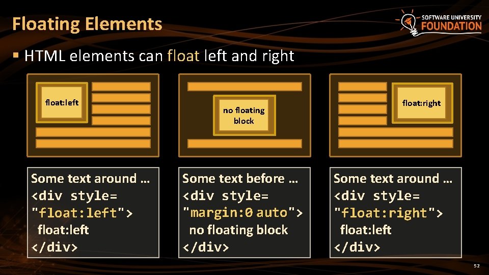 Floating Elements § HTML elements can float left and right float: left Some text