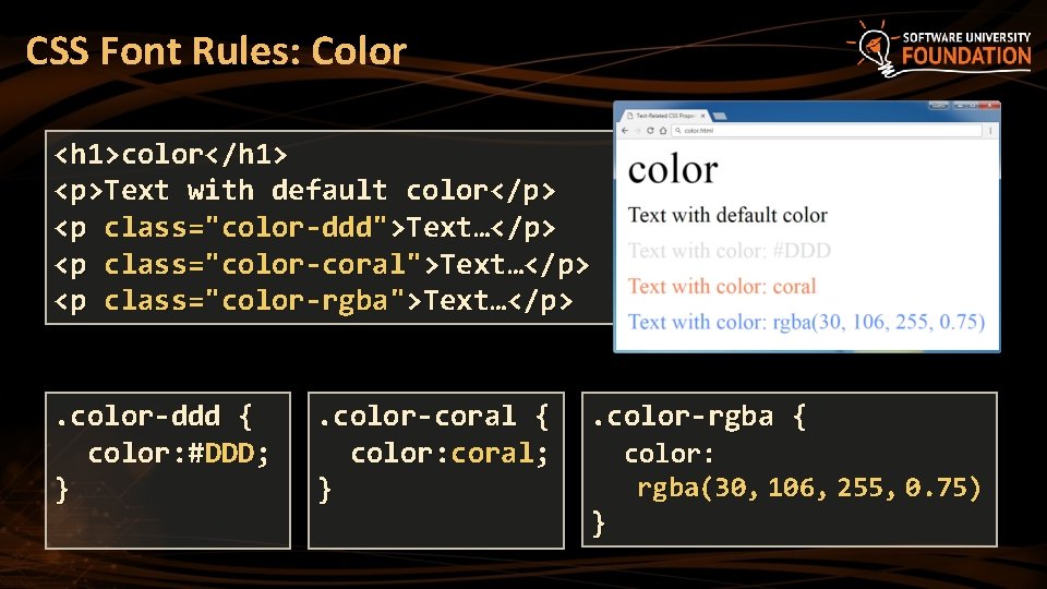 CSS Font Rules: Color <h 1>color</h 1> <p>Text with default color</p> <p class="color-ddd">Text…</p> <p CSS Font Rules: Color <h 1>color</h 1> <p>Text with default color</p> <p class="color-ddd">Text…</p> <p