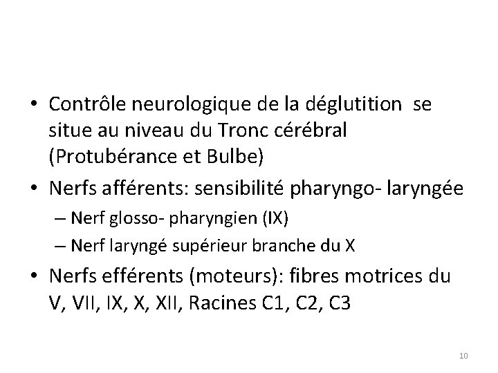  • Contrôle neurologique de la déglutition se situe au niveau du Tronc cérébral