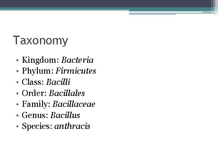Taxonomy • • Kingdom: Bacteria Phylum: Firmicutes Class: Bacilli Order: Bacillales Family: Bacillaceae Genus: