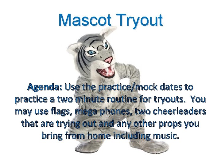 Mascot Tryout Agenda: Use the practice/mock dates to practice a two minute routine for
