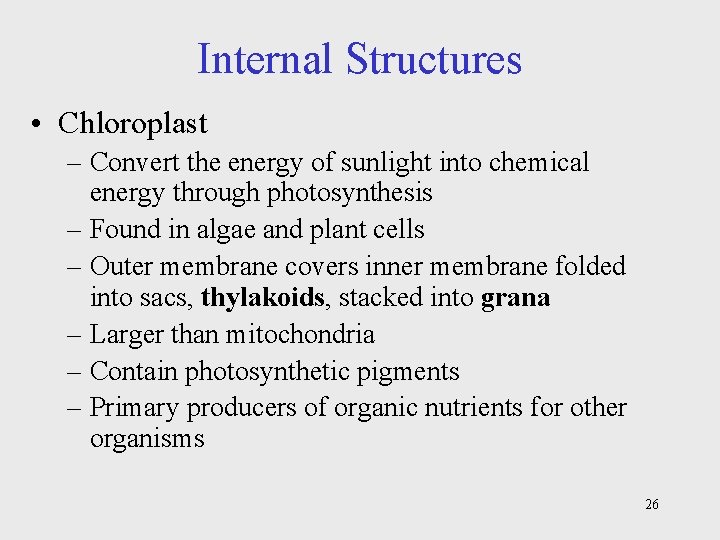 Internal Structures • Chloroplast – Convert the energy of sunlight into chemical energy through