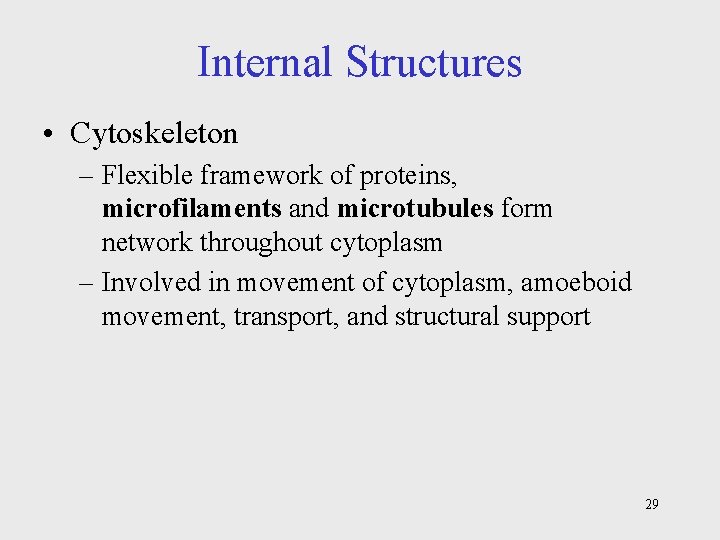 Internal Structures • Cytoskeleton – Flexible framework of proteins, microfilaments and microtubules form network