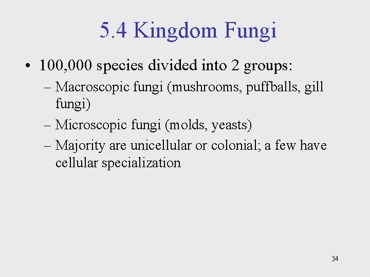5. 4 Kingdom Fungi • 100, 000 species divided into 2 groups: – Macroscopic
