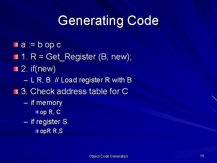 Generating Code a : = b op c 1. R = Get_Register (B, new); Generating Code a : = b op c 1. R = Get_Register (B, new);
