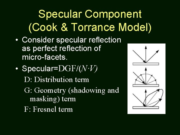 Specular Component (Cook & Torrance Model) • Consider specular reflection as perfect reflection of