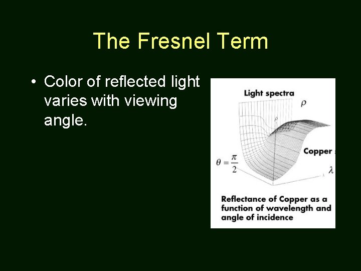 The Fresnel Term • Color of reflected light varies with viewing angle. 