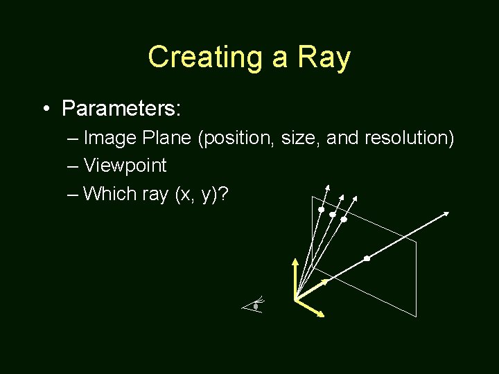 Creating a Ray • Parameters: – Image Plane (position, size, and resolution) – Viewpoint