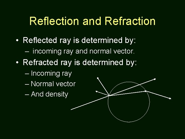 Reflection and Refraction • Reflected ray is determined by: – incoming ray and normal