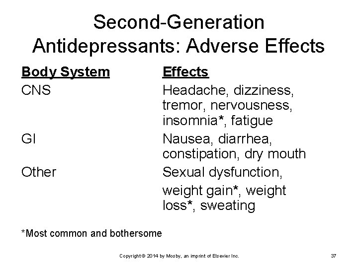 Second-Generation Antidepressants: Adverse Effects Body System CNS Effects Headache, dizziness, tremor, nervousness, insomnia*, fatigue