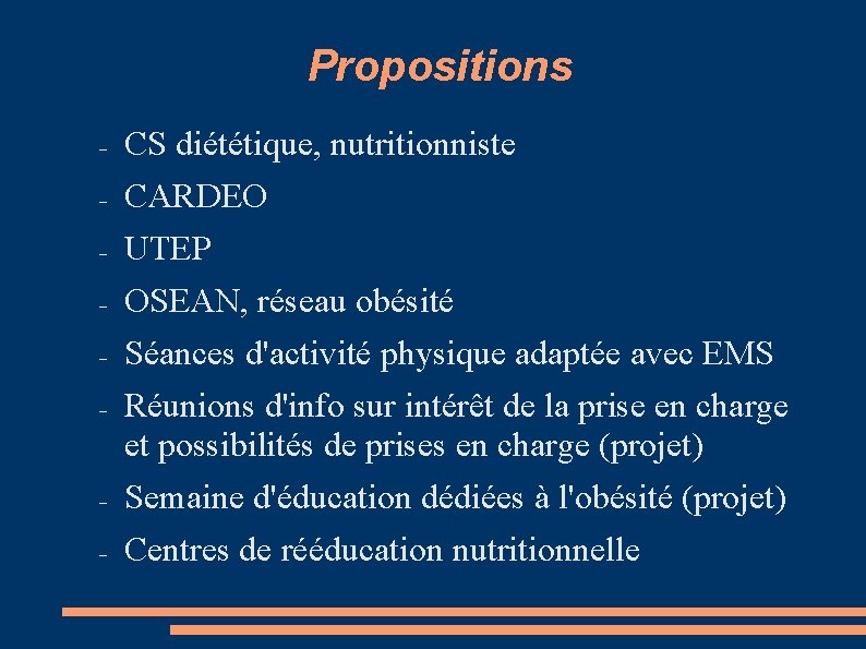 Propositions CS diététique, nutritionniste CARDEO UTEP OSEAN, réseau obésité Séances d'activité physique adaptée avec