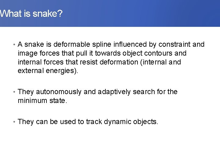 What is snake? • A snake is deformable spline influenced by constraint and image