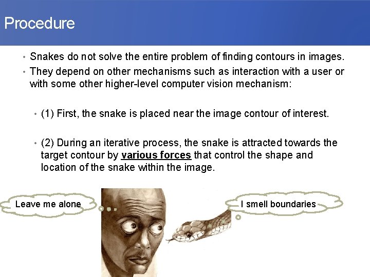 Procedure • Snakes do not solve the entire problem of finding contours in images.