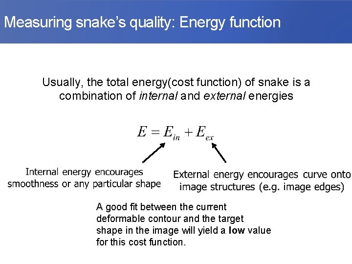 Measuring snake’s quality: Energy function Usually, the total energy(cost function) of snake is a