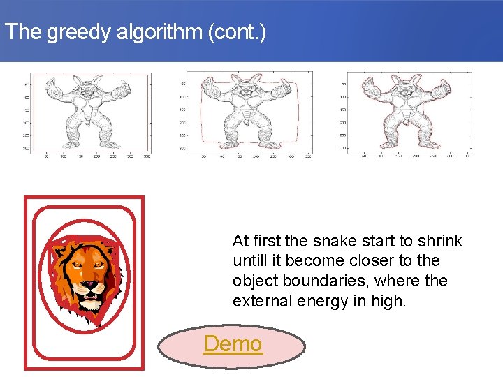 The greedy algorithm (cont. ) At first the snake start to shrink untill it