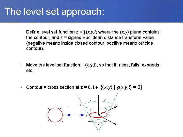  The level set approach: • Define level set function z = (x, y,