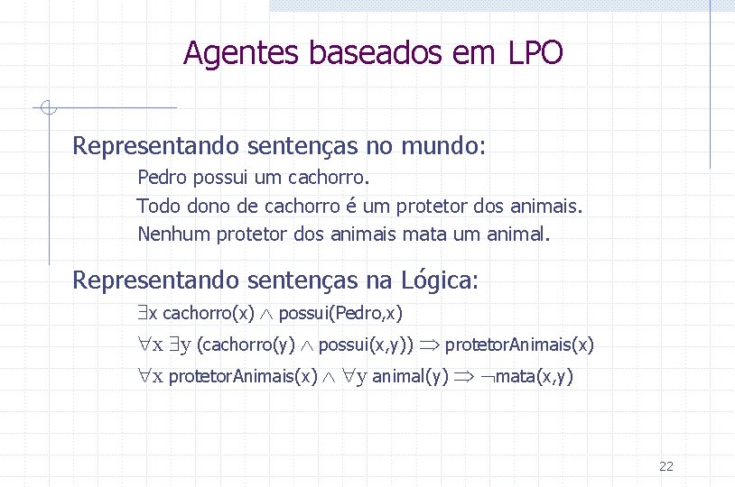 Agentes baseados em LPO Representando sentenças no mundo: Pedro possui um cachorro. Todo dono