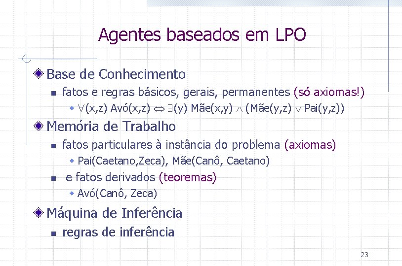 Agentes baseados em LPO Base de Conhecimento n fatos e regras básicos, gerais, permanentes