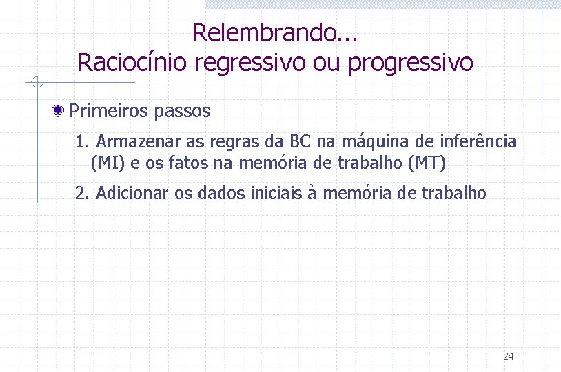 Relembrando. . . Raciocínio regressivo ou progressivo Primeiros passos 1. Armazenar as regras da