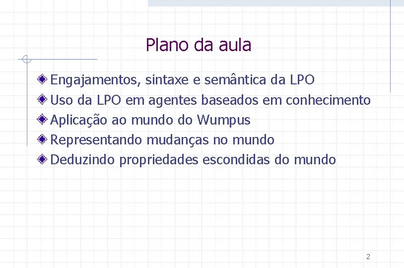 Plano da aula Engajamentos, sintaxe e semântica da LPO Uso da LPO em agentes