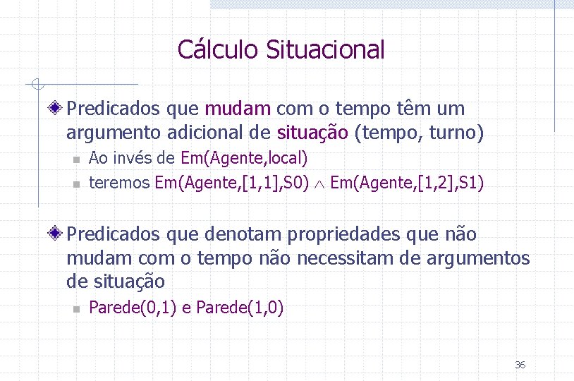 Cálculo Situacional Predicados que mudam com o tempo têm um argumento adicional de situação