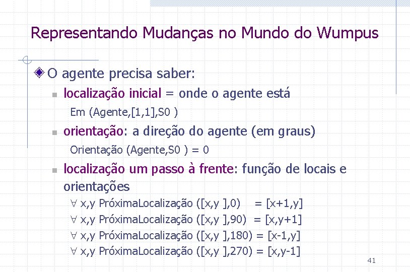 Representando Mudanças no Mundo do Wumpus O agente precisa saber: n localização inicial =