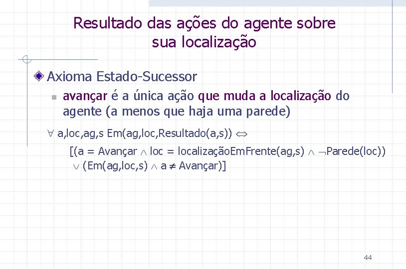 Resultado das ações do agente sobre sua localização Axioma Estado-Sucessor n avançar é a