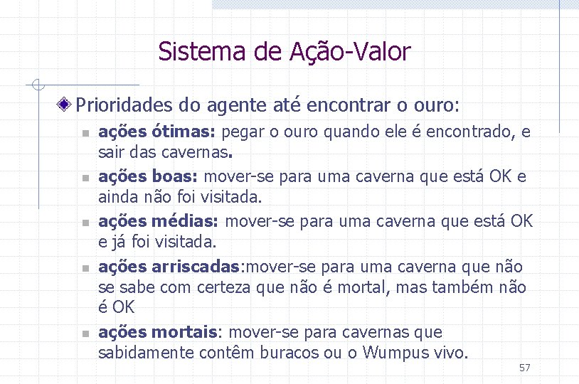 Sistema de Ação-Valor Prioridades do agente até encontrar o ouro: n n n ações