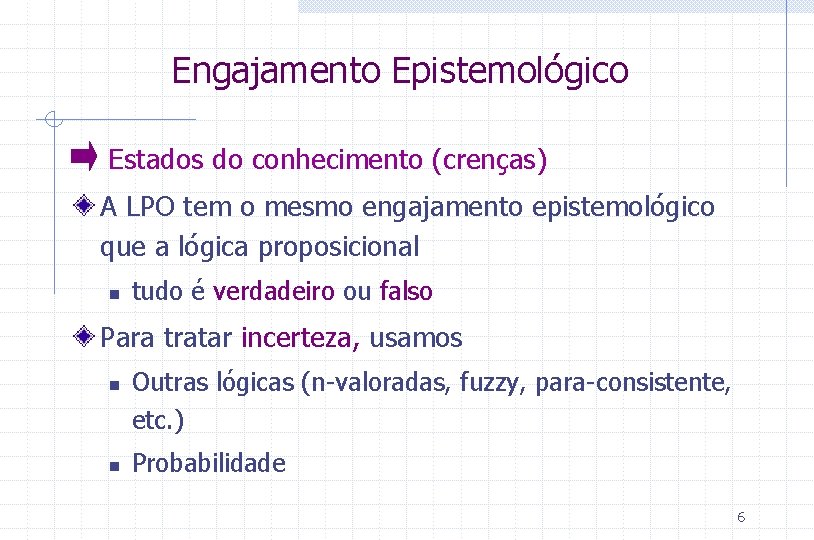 Engajamento Epistemológico Estados do conhecimento (crenças) A LPO tem o mesmo engajamento epistemológico que