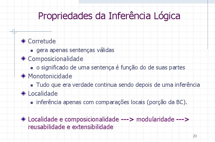 Propriedades da Inferência Lógica Corretude n gera apenas sentenças válidas Composicionalidade n o significado