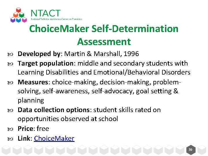 Choice. Maker Self-Determination Assessment Developed by: Martin & Marshall, 1996 Target population: middle and