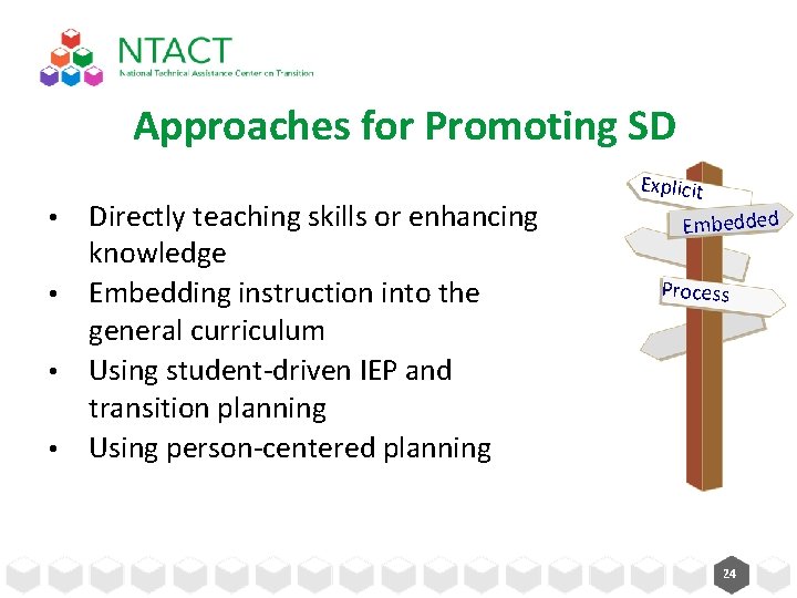 Approaches for Promoting SD Directly teaching skills or enhancing knowledge • Embedding instruction into