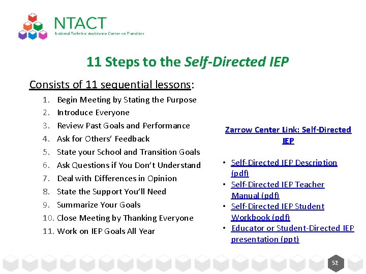 11 Steps to the Self-Directed IEP Consists of 11 sequential lessons: 1. Begin Meeting