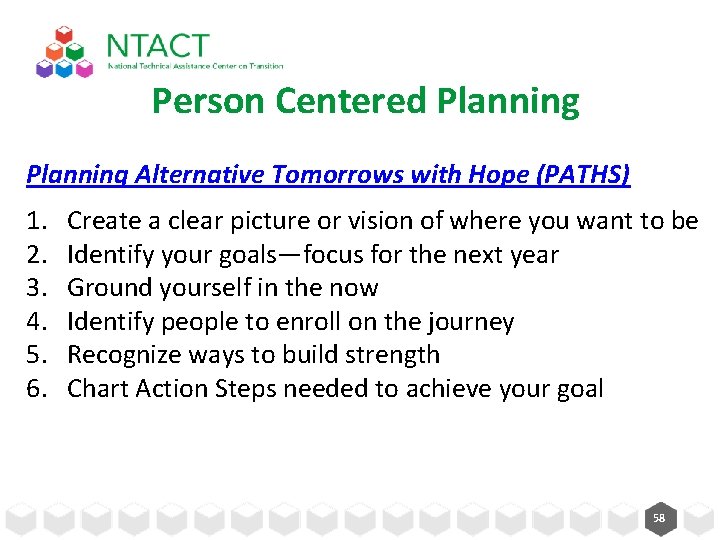 Person Centered Planning Alternative Tomorrows with Hope (PATHS) 1. 2. 3. 4. 5. 6.