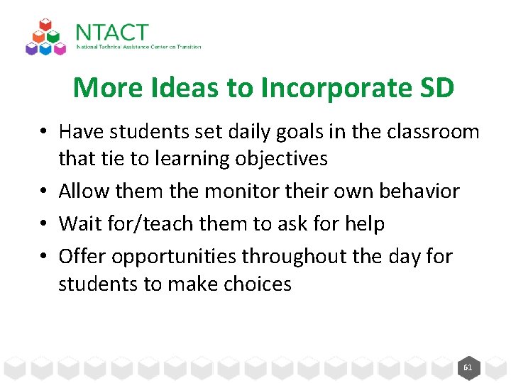 More Ideas to Incorporate SD • Have students set daily goals in the classroom