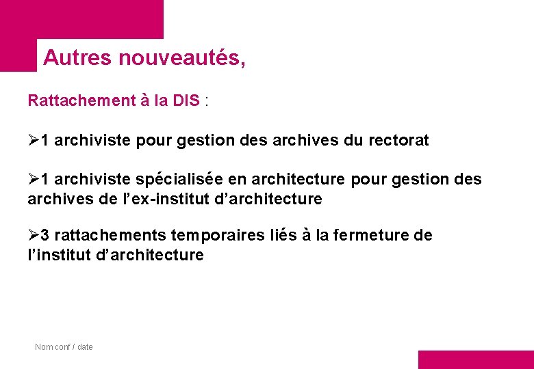 Autres nouveautés, Rattachement à la DIS : Ø 1 archiviste pour gestion des archives