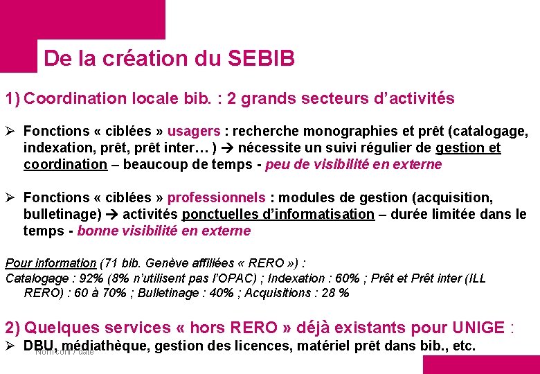 De la création du SEBIB 1) Coordination locale bib. : 2 grands secteurs d’activités
