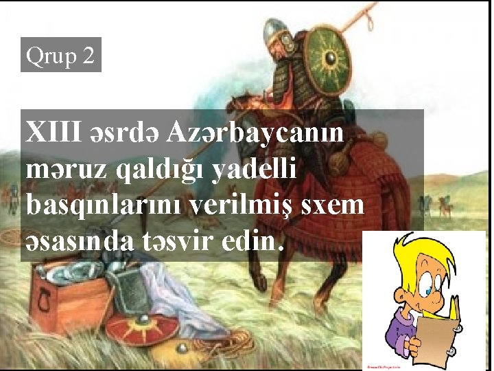 Qrup 2 XIII əsrdə Azərbaycanın məruz qaldığı yadelli basqınlarını verilmiş sxem əsasında təsvir edin.