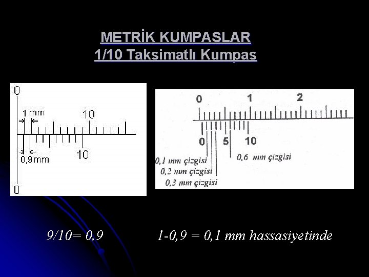 METRİK KUMPASLAR 1/10 Taksimatlı Kumpas 9/10= 0, 9 1 -0, 9 = 0, 1
