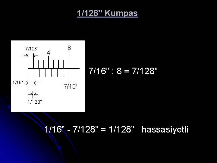 1/128” Kumpas 7/16” : 8 = 7/128” 1/16” - 7/128” = 1/128” hassasiyetli 