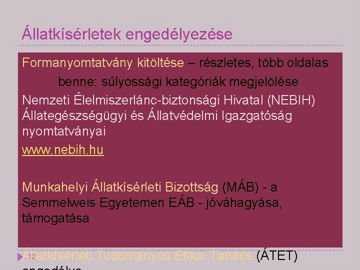 Állatkísérletek engedélyezése Formanyomtatvány kitöltése – részletes, több oldalas benne: súlyossági kategóriák megjelölése Nemzeti Élelmiszerlánc-biztonsági