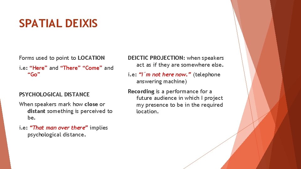 SPATIAL DEIXIS Forms used to point to LOCATION i. e: “Here” and “There” “Come”