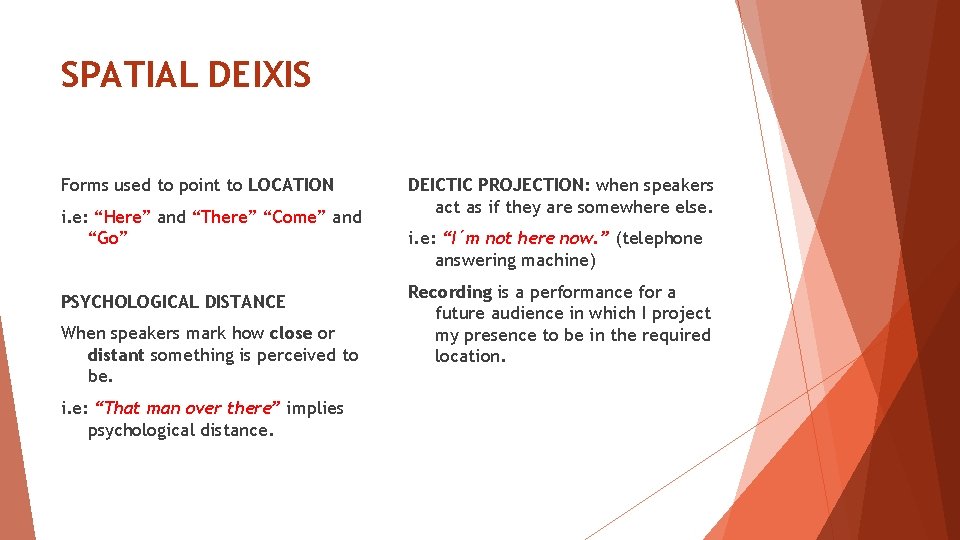 SPATIAL DEIXIS Forms used to point to LOCATION i. e: “Here” and “There” “Come” SPATIAL DEIXIS Forms used to point to LOCATION i. e: “Here” and “There” “Come”