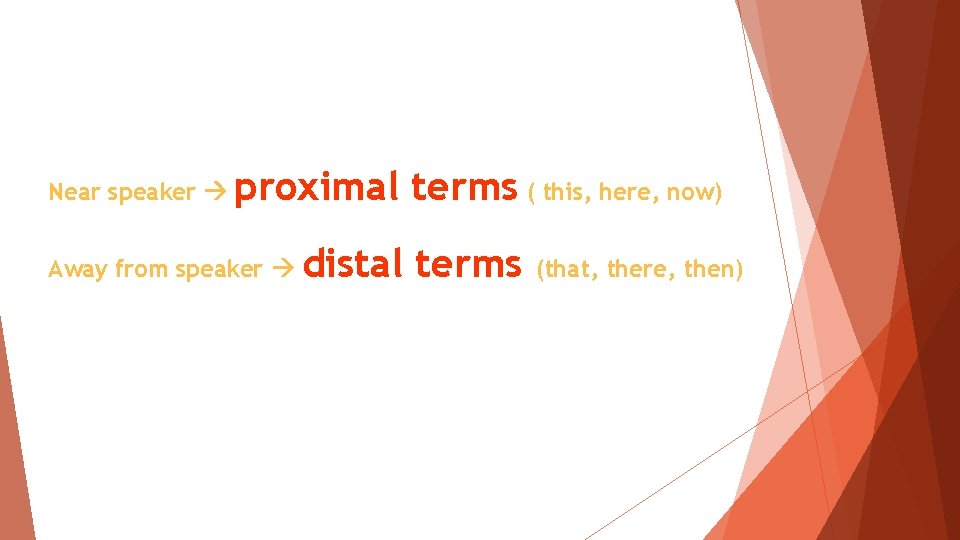 Near speaker proximal terms ( this, here, now) Away from speaker distal terms (that,