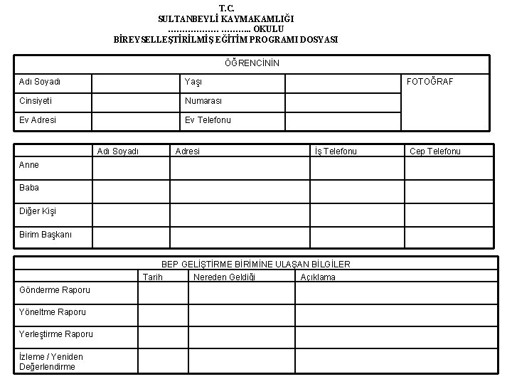 T. C. SULTANBEYLİ KAYMAKAMLIĞI ……………… ………. . OKULU BİREYSELLEŞTİRİLMİŞ EĞİTİM PROGRAMI DOSYASI ÖĞRENCİNİN Adı