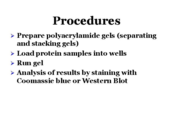 Procedures Prepare polyacrylamide gels (separating and stacking gels) Ø Load protein samples into wells