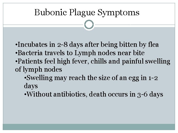 Bubonic Plague Symptoms • Incubates in 2 -8 days after being bitten by flea