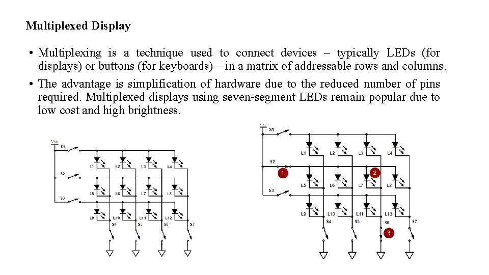 Multiplexed Display • Multiplexing is a technique used to connect devices – typically LEDs Multiplexed Display • Multiplexing is a technique used to connect devices – typically LEDs