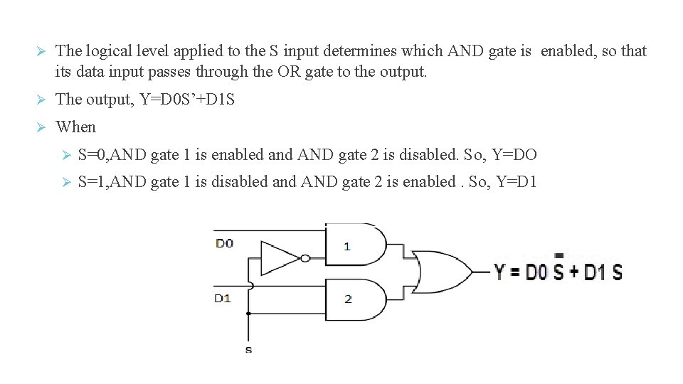 The logical level applied to the S input determines which AND gate is The logical level applied to the S input determines which AND gate is
