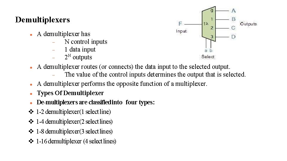 Demultiplexers A demultiplexer has N control inputs 1 data input 2 N outputs A Demultiplexers A demultiplexer has N control inputs 1 data input 2 N outputs A
